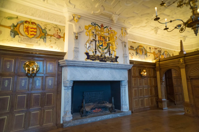 a large fireplace sits in a large room