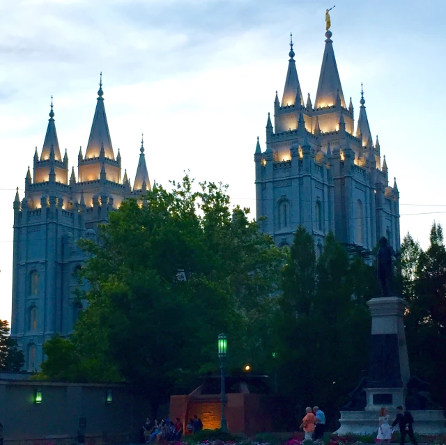 large cathedral like building illuminated by lit up lights