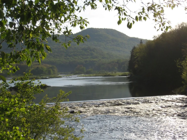 a river flowing through a lush green hillside