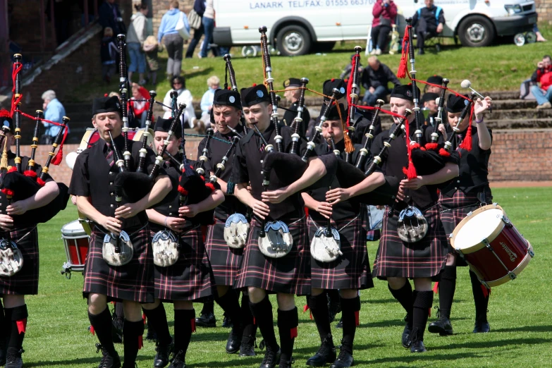 many pipes marching on a grass field