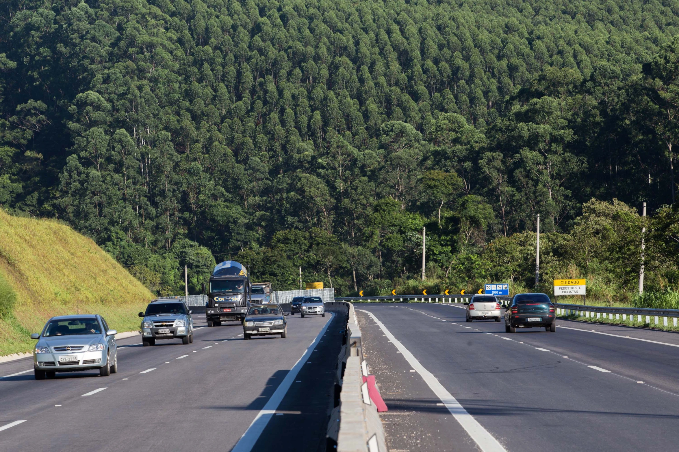 two cars driving on a mountain road near a forest