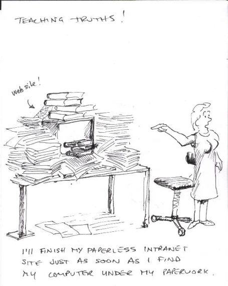 a cartoon showing a person looking at piles of books