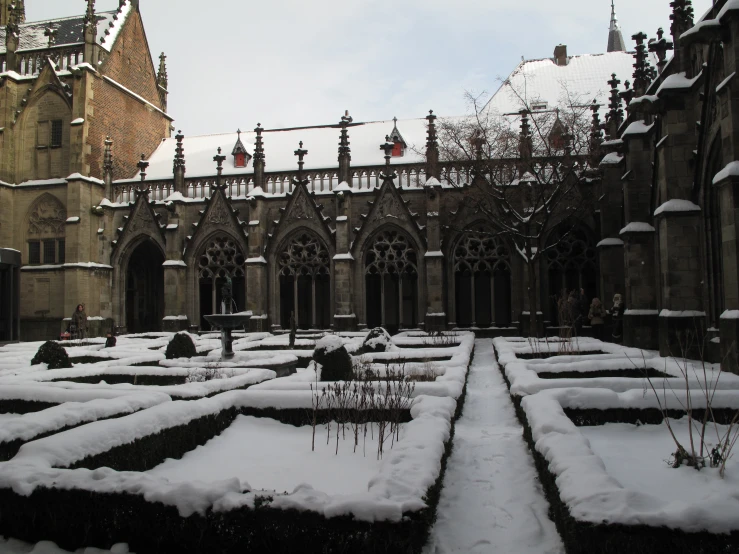 snow covered hedges sit in the middle of the courtyard