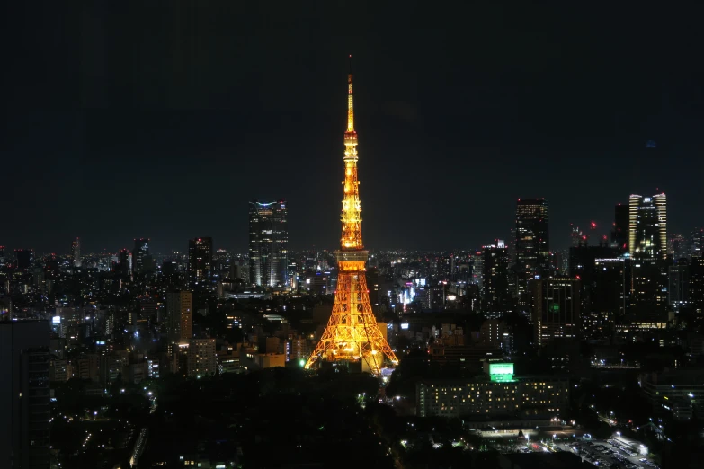 a very tall illuminated tower towering over the city