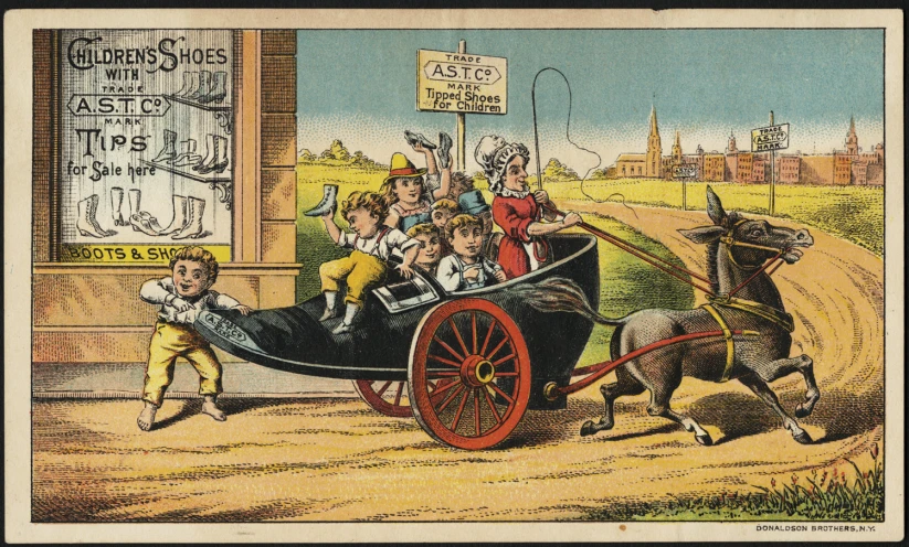 the illustration shows people riding in a horse - drawn carriage