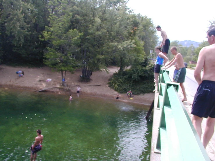 people stand on the edge of a green bridge above the water