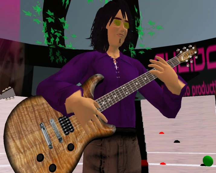 a cartoon figure holding a brown guitar and posing