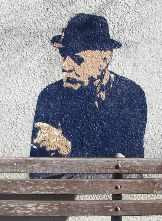 a painting of a man in a hat and a blue jacket sits on a wooden bench