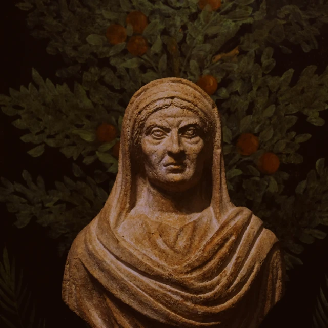 a statue of a woman with a scarf is next to some orange trees