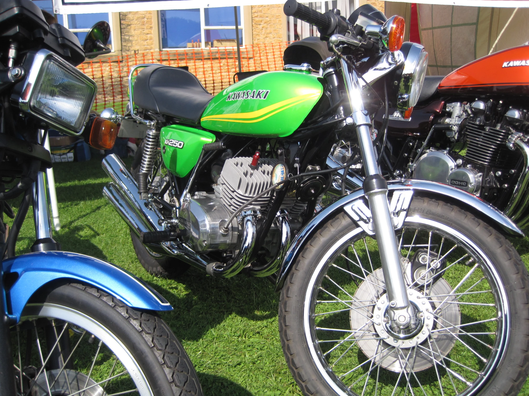 two green and black motorcycles parked on grass