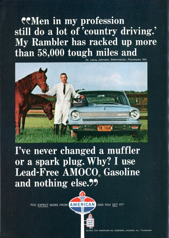 a magazine ad featuring an old car with a horse in it
