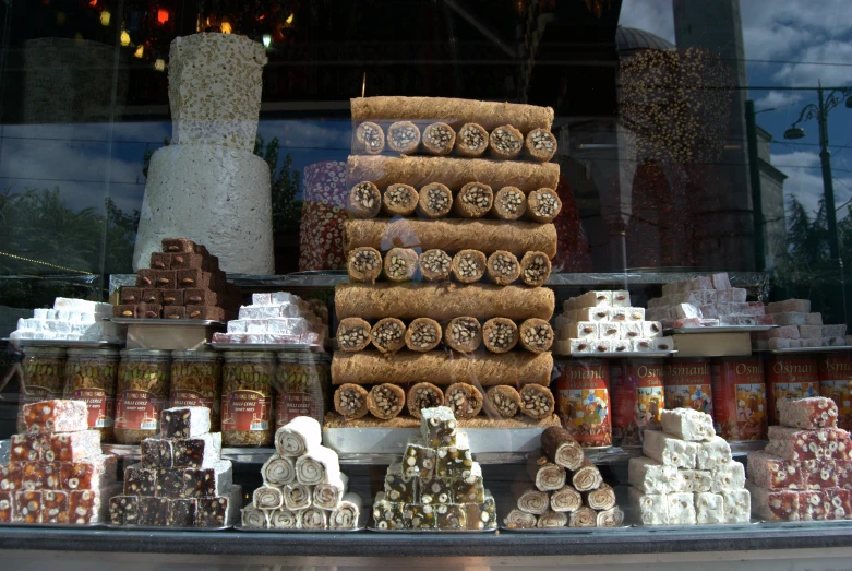a display case is shown in a store window