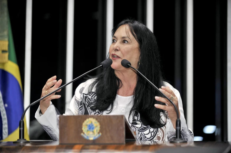 a woman at a podium speaking into microphones