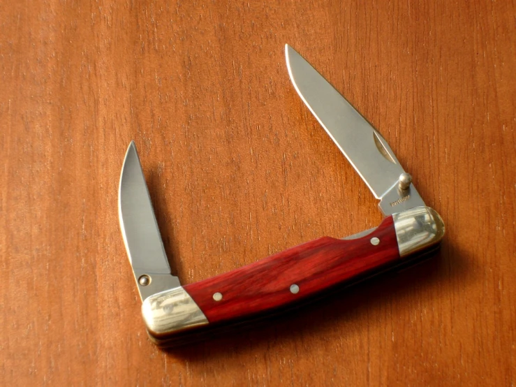 the metal knife has a red handle with two sides