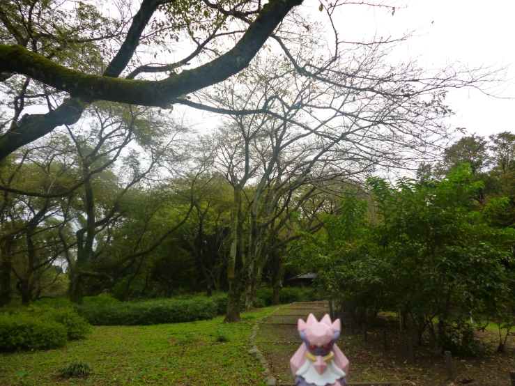 a person wearing a plastic pig costume while standing next to trees