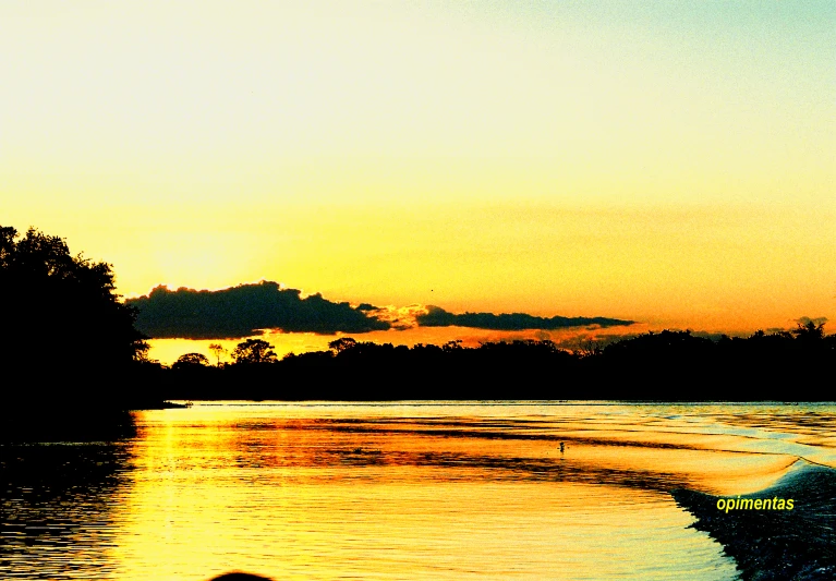 a person is standing in the water at sunset