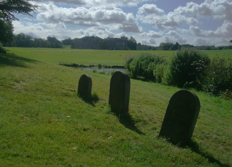 three large stones in the grass on a sunny day