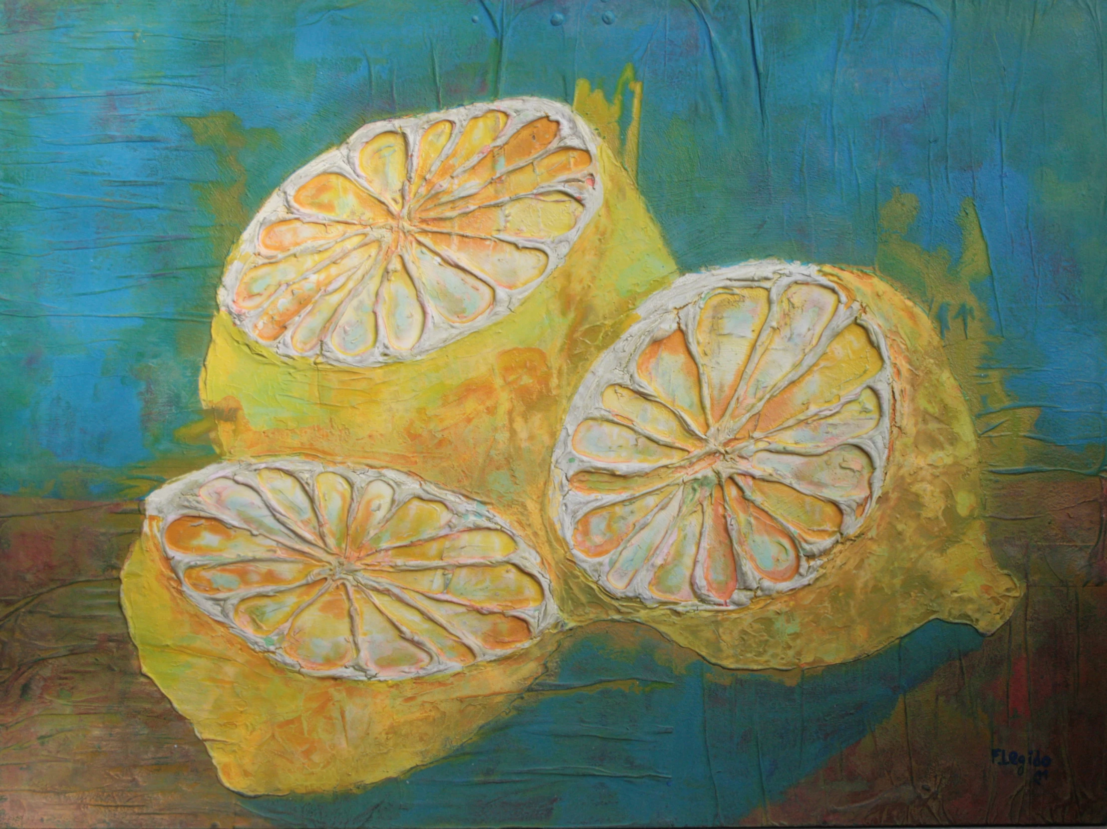 an oil painting of two slices of orange