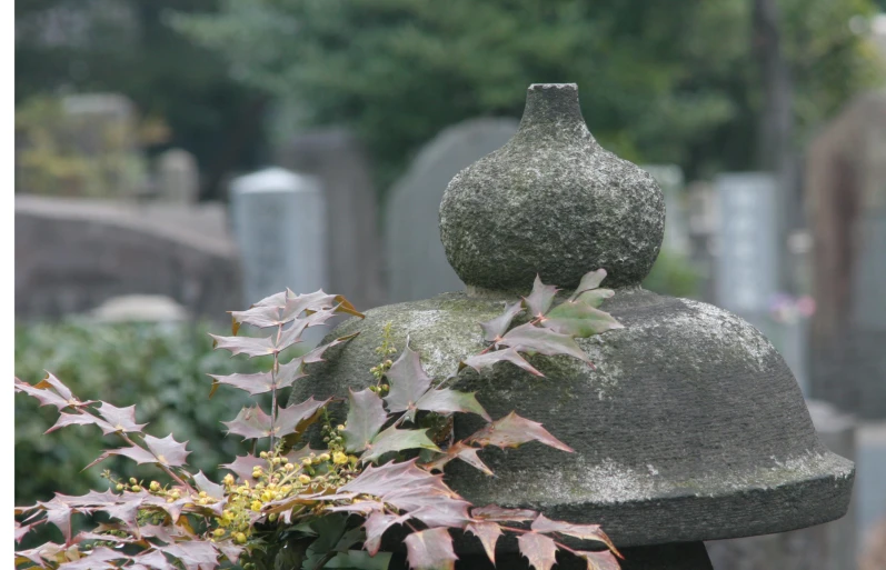 a statue next to bushes and a tombstone