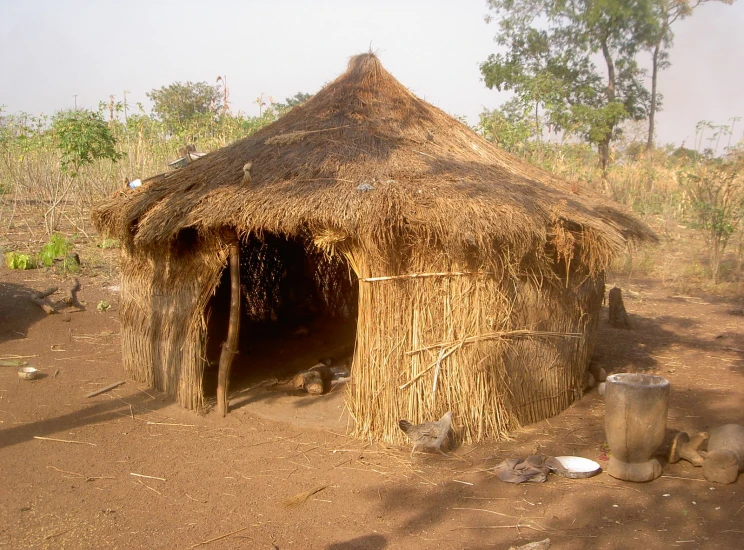 a straw hut is placed in the middle of the field