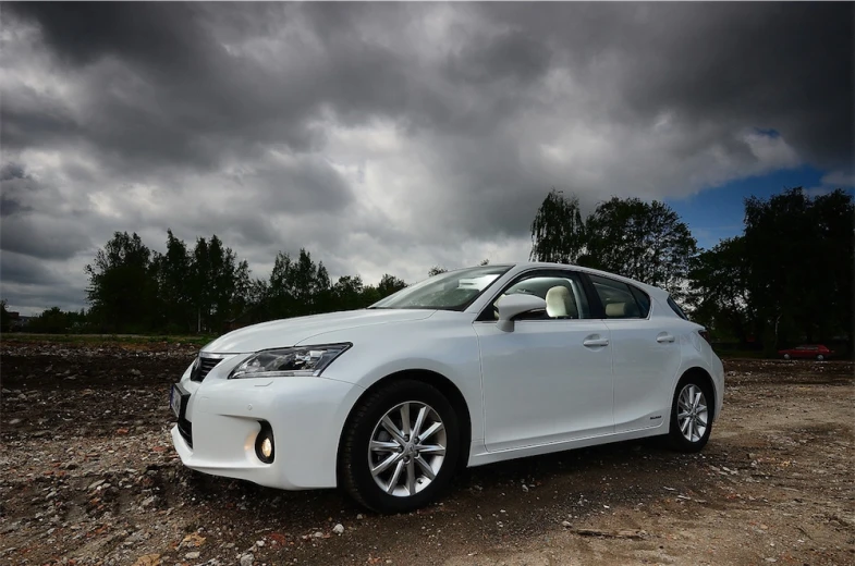 a white car sits in an open lot