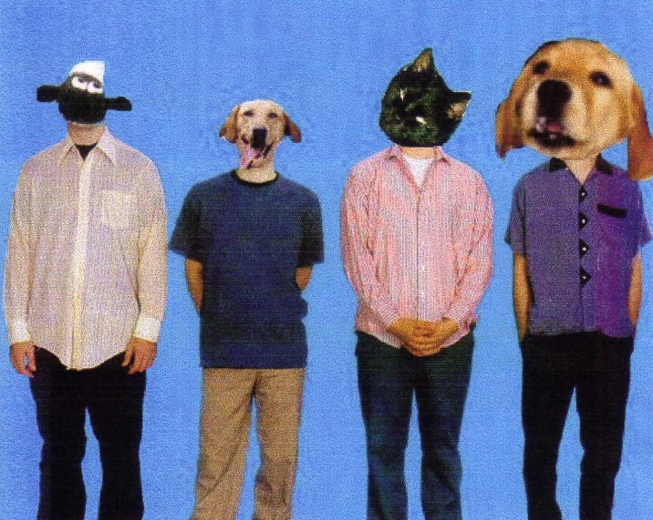 five men and a dog that have their hats on