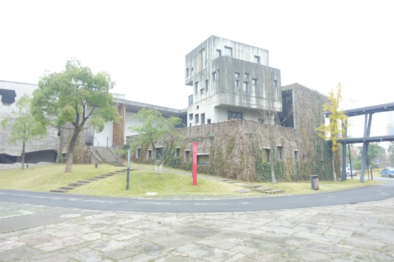 there is an old building in the background with plants growing on it