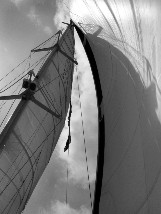 black and white pograph of sails with roped ends