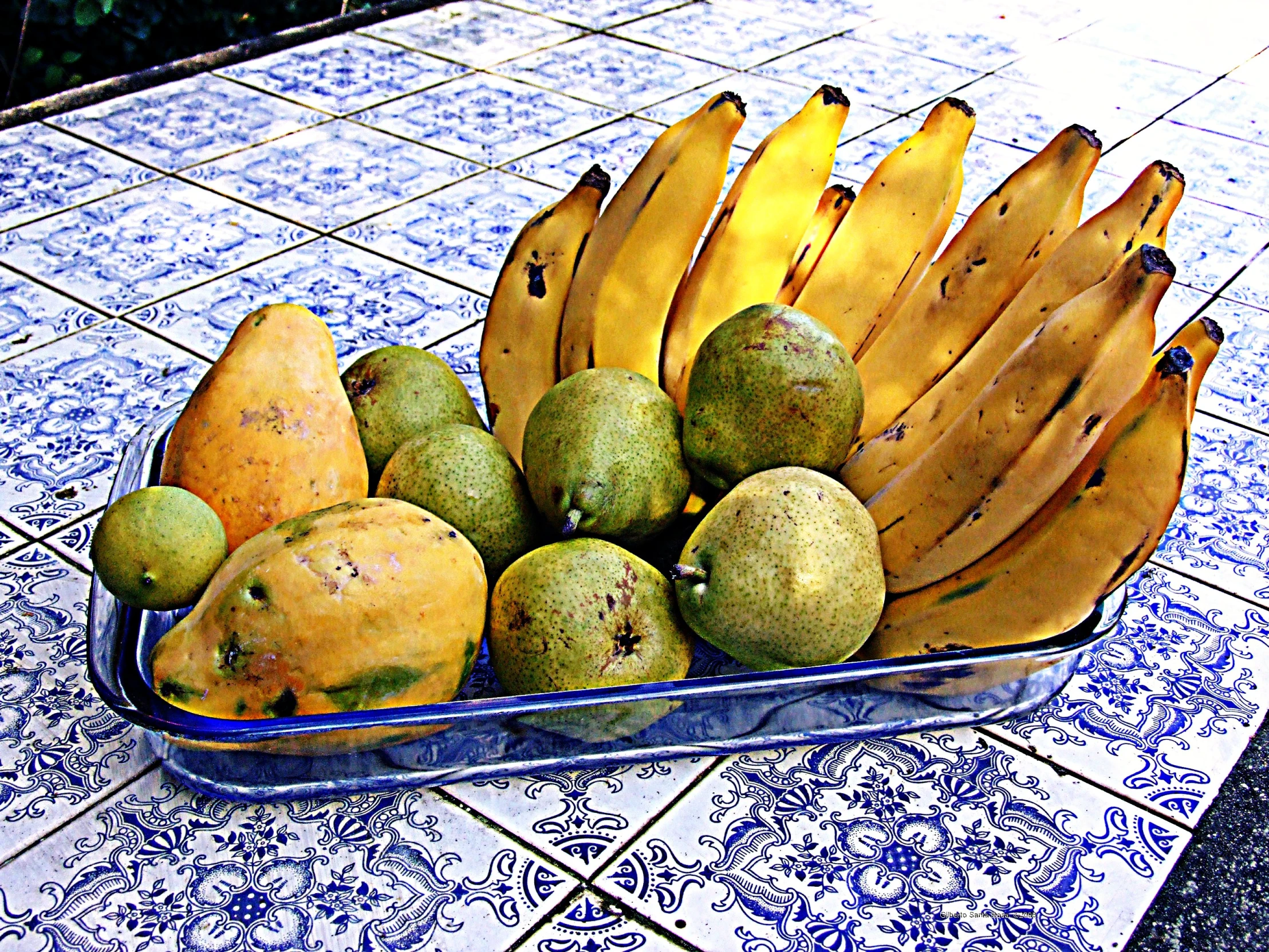 there is a metal bowl with several bananas and pears