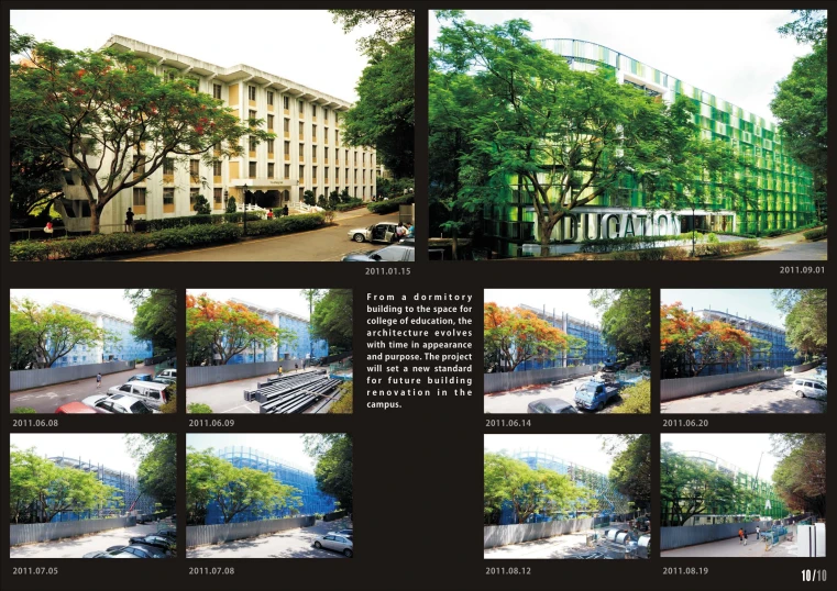 six different views of a building with many cars parked on it