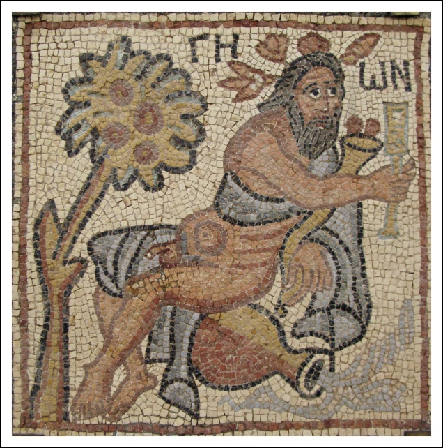 the mosaic with roman writing on it shows an image of an old man holding a flower