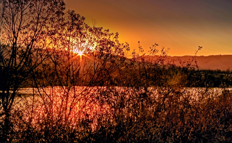 the sun is setting over the water and trees