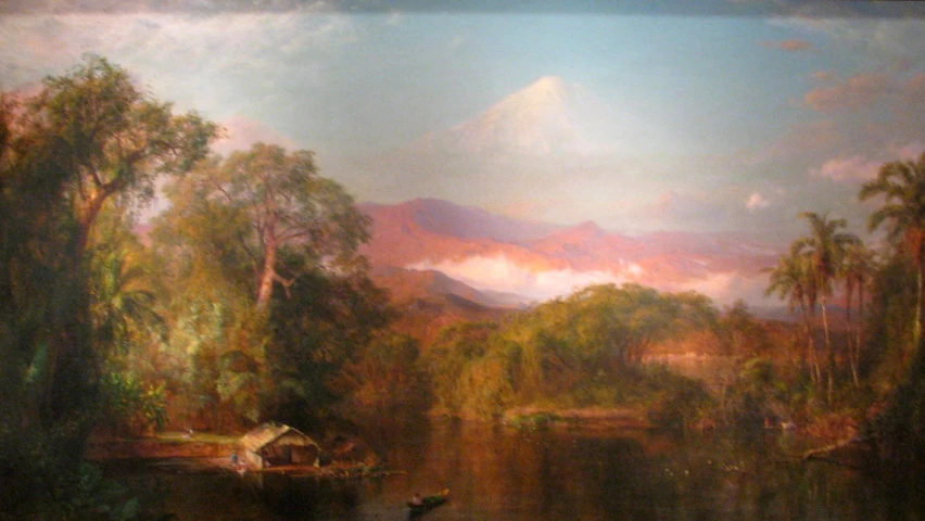 a painting of a lake with some water animals