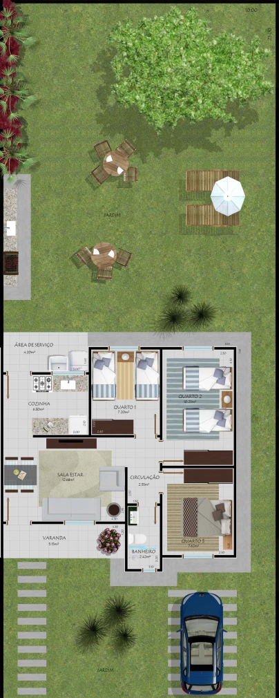 an aerial view shows an open living area