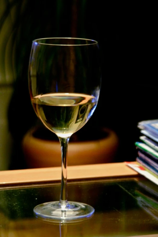 a wine glass sitting on a table with two stacks of books