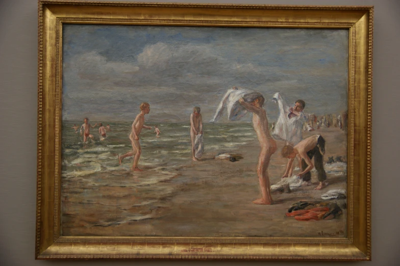 a painting on a wall shows people standing at the beach with others looking