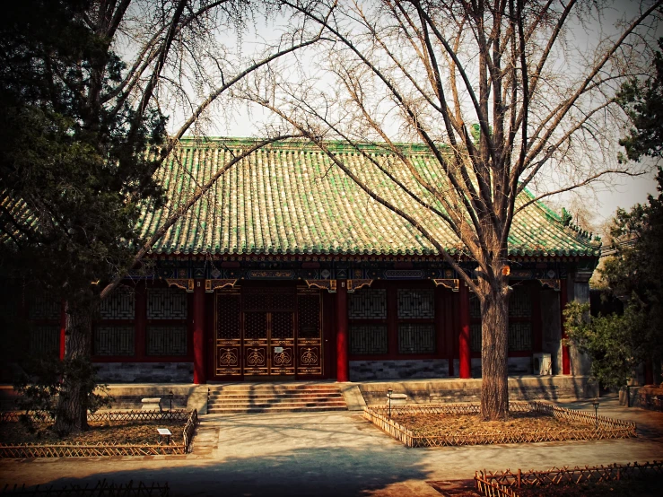 the front view of a building with benches and trees