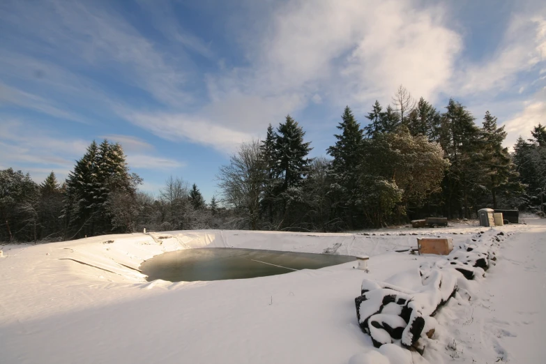 some benches covered in snow near a forest