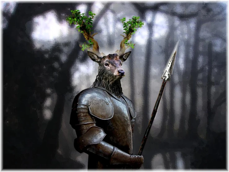 a digital painting of a deer in armor holding a sword