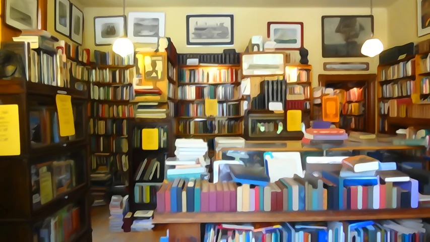 a room with many books, lamps, and frames
