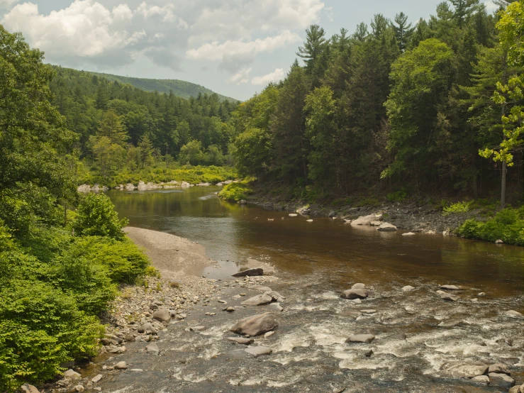 the water is running down the mountain river