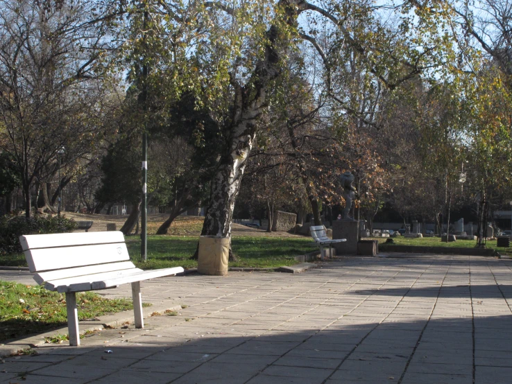 a park bench next to a path that runs through a park
