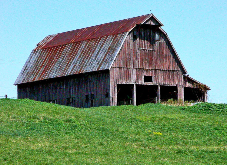 a horse stands in front of an old wooden barn