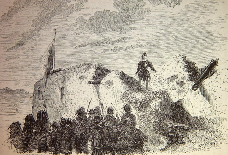 a black and white drawing of people on the rocks