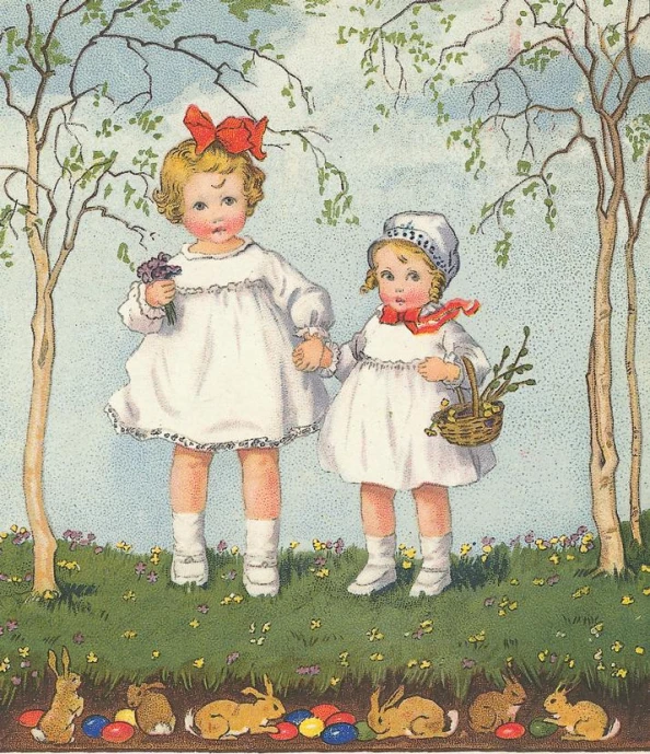 an old postcard with two little girls wearing white clothes