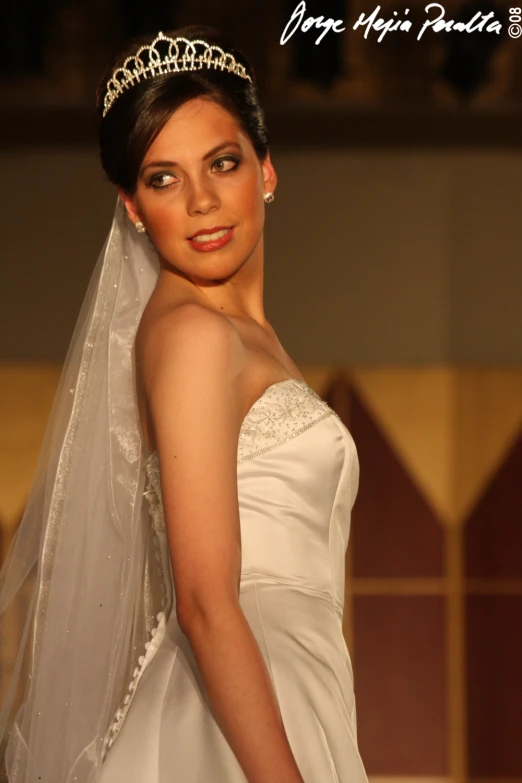 a women standing with a wedding dress on and wearing a tiara
