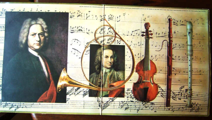 an open book with pictures and musical instruments