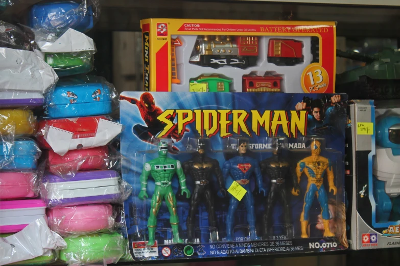 a close up of a display shelf with toys