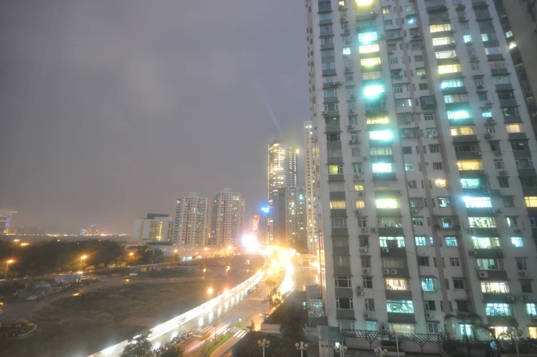 the buildings and the street lights of an oriental city