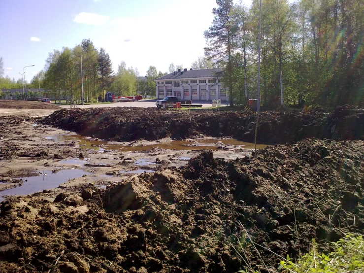 a sandy beach covered in mud next to trees